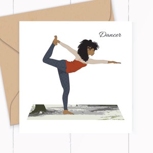 Yoga Grußkarte, Die Tänzerin Pose, Achtsamkeit Geschenke, Schwarze Frau Yoga Druck.