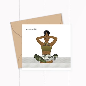 Biglietto d'auguri stampato Namaste Yoga, meditazione ragazza nera.
