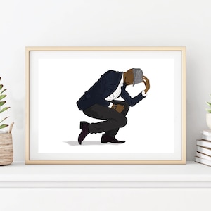 May include: A digital illustration of a person wearing a blue suit jacket, a white shirt, black pants, and a gray hat. The person is in a crouched position with their head down.