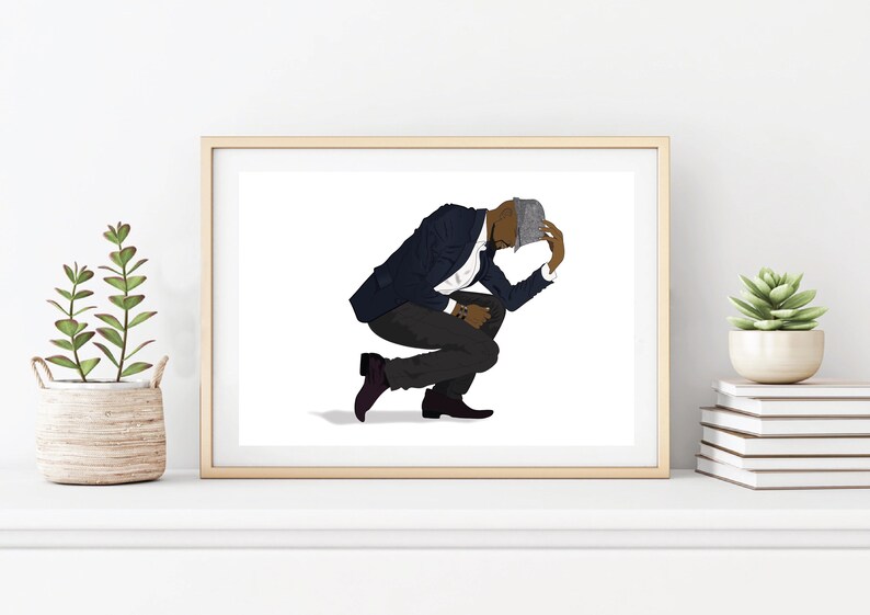 May include: A digital illustration of a person wearing a blue suit jacket, a white shirt, black pants, and a gray hat. The person is in a crouched position with their head down.