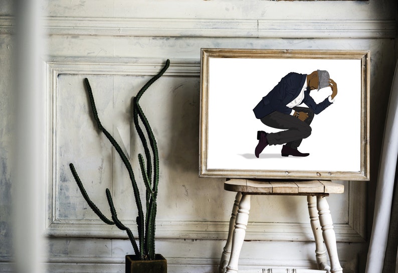 May include: A framed illustration of a person wearing a blue suit and a gray hat, crouching with their head down.
