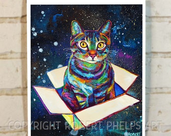 pigeon painting cat lady gifts cat print colorful painting surrealism art cat art wall decor Black cat painting print on canvas