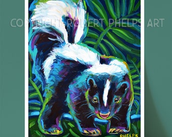 Skunk Art Prints, Colorful Skunk Wall Art, Cute Skunk Painting, Skunk Home Decor, Unique Decor, Tropical Wall Art, Creepy Cute Print, Skunks