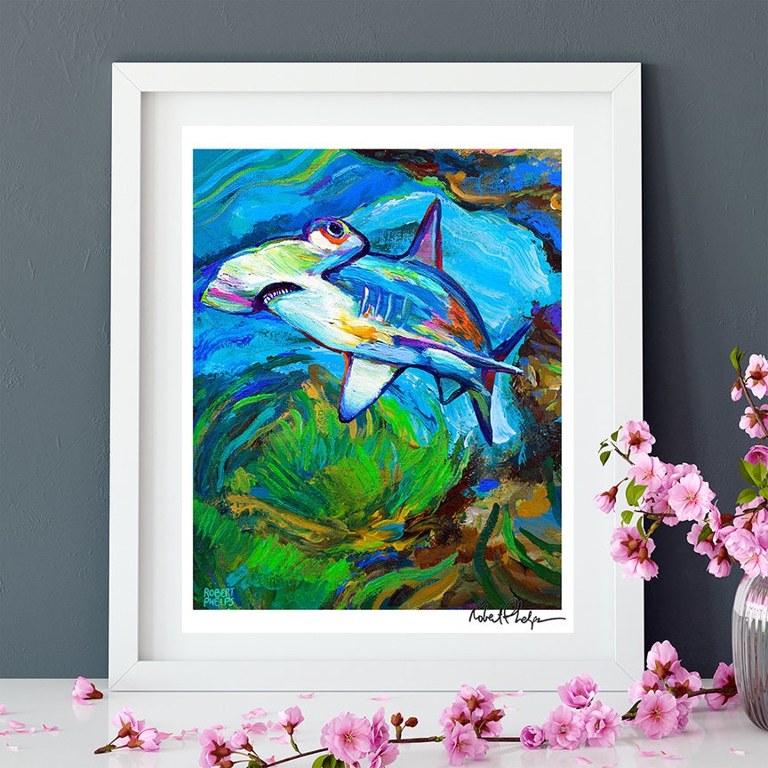 Vibrant Hammerhead Shark Art Print, Colorful Ocean Wall Decor ...