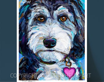 Tuxedo Aussiedoodle Puppy 8.5 by 11 unframed print. Unique wall decoration for dog lover decor. Black and White Dog Art, Doodle Dog Prints