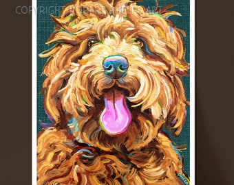 May include: A painting of a brown and gold dog with a pink tongue sticking out. The dog has a happy expression and is looking directly at the viewer. The background is a teal blue color.