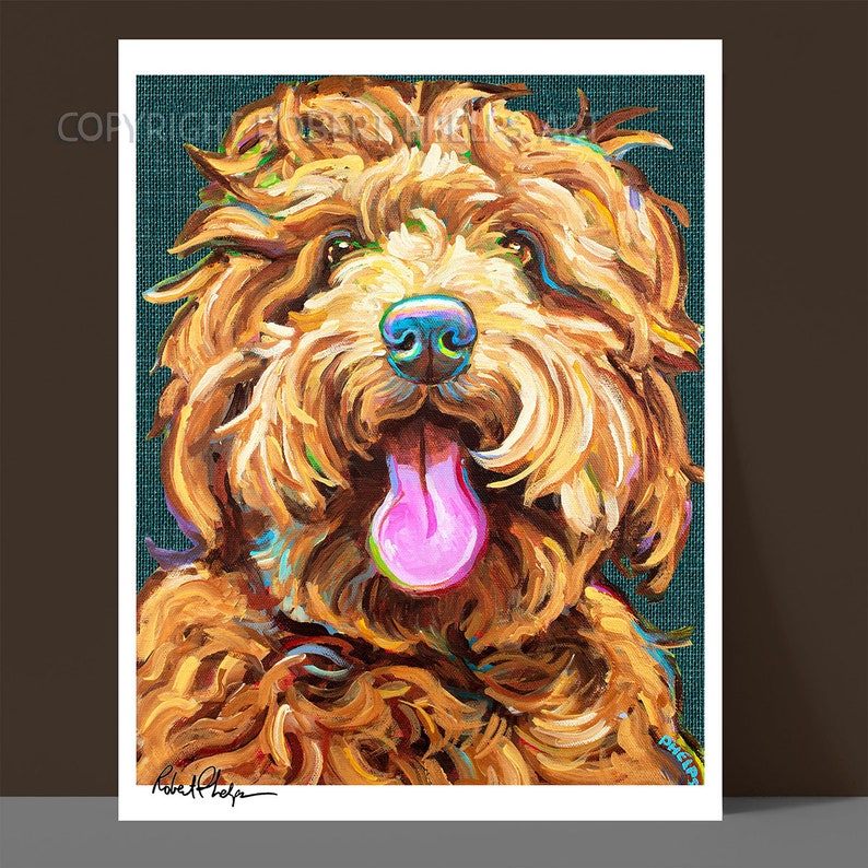 May include: A painting of a brown and gold dog with a pink tongue sticking out. The dog has a happy expression and is looking directly at the viewer. The background is a teal blue color.