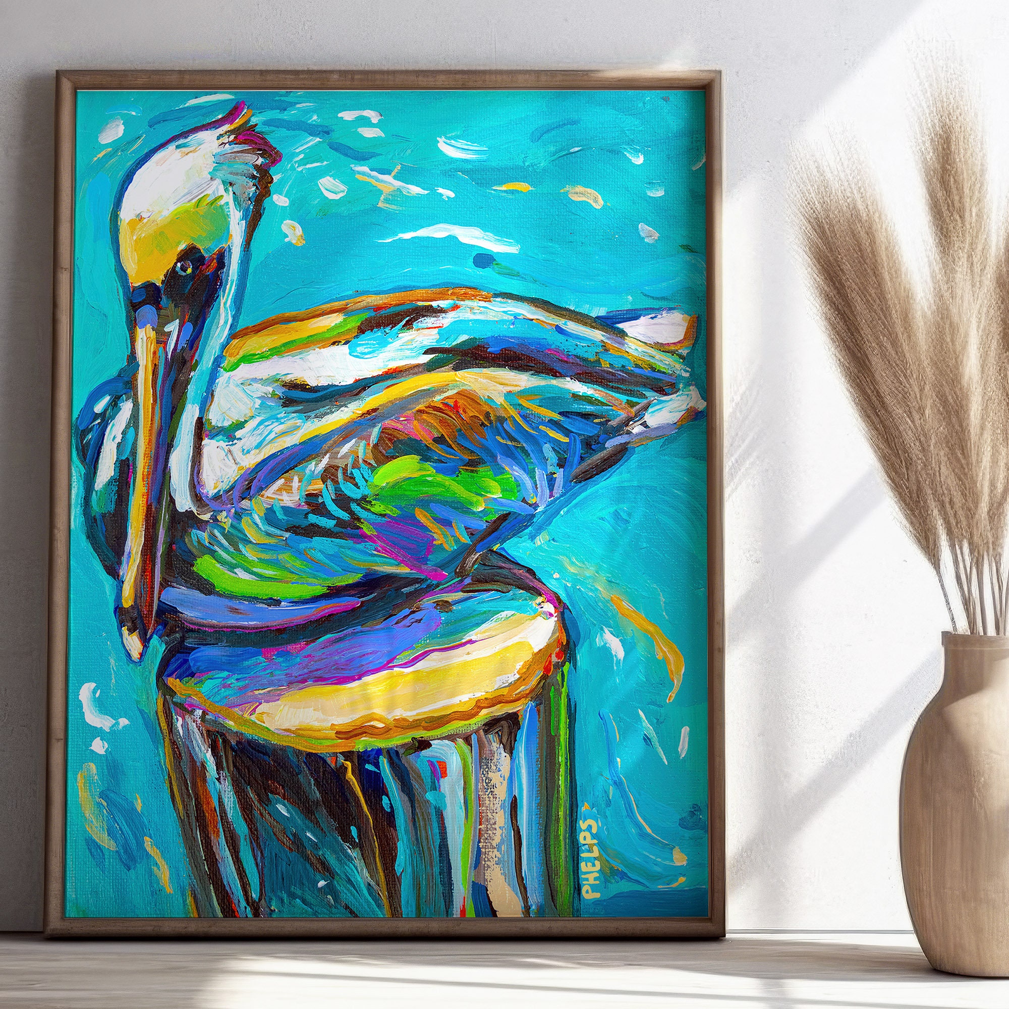 Colorful Pelican Painting Art Print, Coastal Wall Art, Vibrant Bird ...