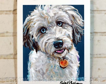 May include: A painting of a white and brown dog with blue eyes. The dog is wearing a heart-shaped tag. The painting is on a dark blue background.