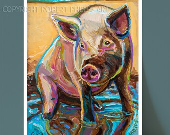 May include: A colorful painting of a pig standing in a puddle of water. The pig is pink with brown spots and has a pink snout. The water is blue and green with brown and yellow accents.