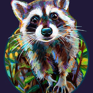 May include: A colorful painting of a raccoon with a dark blue background. The raccoon has a white face, dark eyes, and a brown body. The artwork uses a variety of colors, including green, blue, and yellow, to depict the raccoon and its surroundings.
