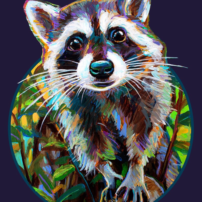 May include: A colorful painting of a raccoon with a dark blue background. The raccoon has a white face, dark eyes, and a brown body. The artwork uses a variety of colors, including green, blue, and yellow, to depict the raccoon and its surroundings.