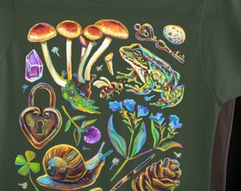 Camiseta botânica sapo e cogumelo, camiseta Cottagecore, camiseta Witchy, estética Goblincore, roupa Goblincore, camiseta Frogcore, Fairycore