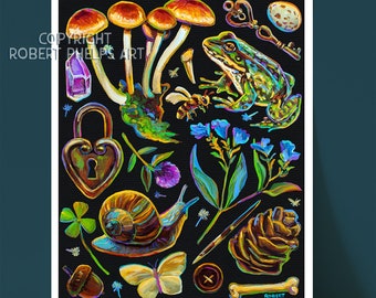 Magical Witchy Art Print, Dark Cottagecore Wall Art  Mushrooms and Frogs, Gothic & Dark Academia Home Decor - Mystical Forest Illustration
