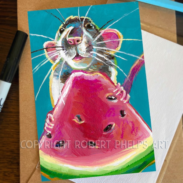 Cute Rat Mini Artprint, Colorful Rat Artwork, Rat Bookshelf decor, Impressionist Rat Illustration, Gift for Rat Lover, Rat Mom Birthday Gift