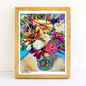 May include: A painting of a colorful bouquet of flowers in a glass jar. The flowers are mostly pink, purple, and yellow, and the jar is blue. The painting is signed "Robert Phelps" in the bottom right corner.