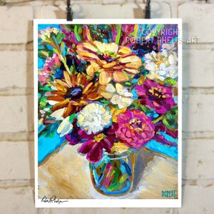 May include: A colorful painting of a bouquet of flowers in a glass jar. The flowers are a mix of pink, white, yellow, and orange. The background is a bright blue.