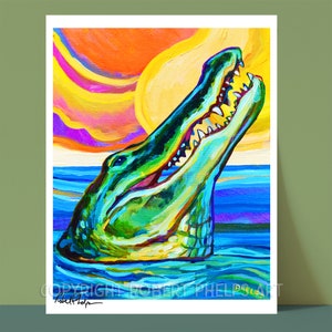 Psychedelic Sunset ALLIGATOR ART PRINT by Robert Phelps; Surf Home Decor for Florida gators fan, Unique wall decor for Florida, Alligators