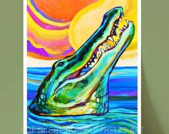 Psychedelic Sunset ALLIGATOR ART PRINT by Robert Phelps; Surf Home Decor for Florida gators fan, Unique wall decor for Florida, Alligators