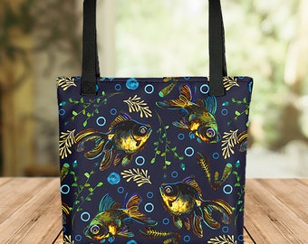 Black Moor Pattern Tote bag, Black Moor Goldfish Art, Fish Pattern Beach Bag, Unique gift for fish lover, Aquarium fish art, Black Moors Art