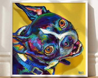 Boston Terrier Poster, Dog Illustration Art, Boston Terrier Gifts, Boston Terrier Decor, Yellow Wall Art, Yellow Home Decor, Cute Dog Prints