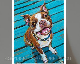 Boston Terrier Dog Fine Art Giclee Print; Pop Art Portrait Puppy Painting for Dog Home Decor, Cute Boston Terrier Decor, Fun Pet Paintings
