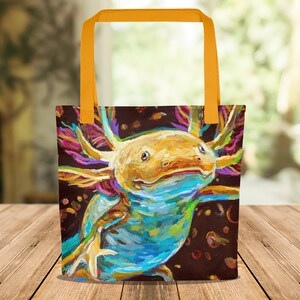 Axolotl Tote Bag - Axolotl Painting, Colorful Amphibian Art Carryall - Unique Handmade Shoulder Bag for Animal Lover, Gift for Axolotl Lover