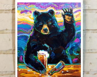 Beer Drinking Bear Art Print, Funny Bear Gift, Black Bear Painting, Beer Lover Decor, Bear Wall Art, Beer Home Decor, Trippy Animal Wall Art