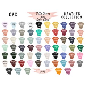 May include: A color chart for Bella Canvas 3001 t-shirts, showing a variety of heather and solid colors. The chart includes names for each color, such as "heather prism", "heather storm", and "heather forest".