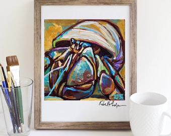 Puede incluir: Una pintura colorida de un cangrejo ermitaño en su caparazón. El cangrejo está pintado en tonos de azul, verde, morado y marrón. El caparazón está pintado en tonos de blanco, amarillo y naranja. La pintura está firmada "Robert Phelps".