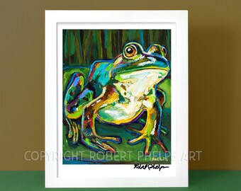Fine Art Frog Print, Frogcore Decor, Colorful Frog Painting, Frog Christmas Gift, Gift for Frog Lovers, Cottagecore Frog Print, Bullfrog Art