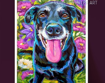 Black Labrador Art Print, Colorful Pet Portrait with Flowers, Gift for Black Lab Lover, Vibrant Wall Art Decor for Pet Lovers, Cute Dog Art