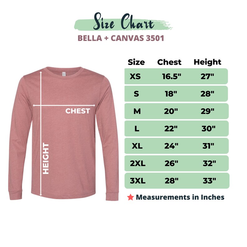 May include: A long-sleeved, mauve-colored shirt with a size chart. The chart lists chest and height measurements in inches for sizes XS to 3XL. The text "Size Chart" is at the top.