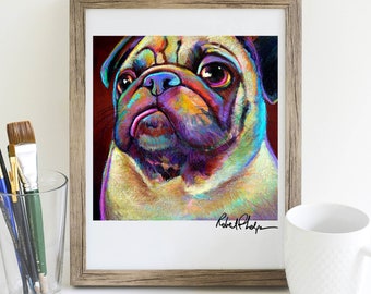 Art. Colorful PUG ART PRINT; 8.5 by 11 Unframed Giclee, Wall Art Ideas for Unique Dog Home Decor, Fun Gift for Pug Mom, Pet Lover Art, Pugs