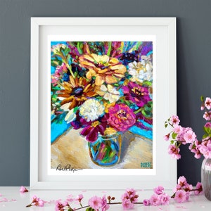 May include: A colorful painting of a bouquet of flowers in a glass jar. The flowers are a mix of pink, purple, yellow, white, and orange. The background is a light blue.