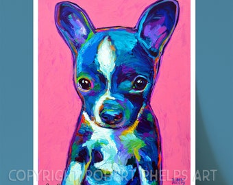 Colorful Bochi Puppy 8.5 by 11 unframed print. Unique wall decoration of cute Boston Terrier Chihuahua mix for children's bedroom, Dog Art