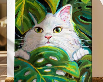 Cute Cat Monstera Canvas Wall Art, Cat Lover Gift, Indoor Plant Decor, Modern Animal Art Print, Jungle Kitty Canvas, Pet Home Decor