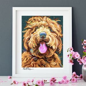 May include: A painting of a brown and white dog with its tongue sticking out. The dog is painted in a colorful style with a teal background. The painting is signed "Robert Phelps".