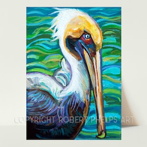Impressionist Pelican Painting, Coastal Bird Art, Pelican Lover Gift, Pelican Wall Art, Pelican Home Decor, Beach Lover Art, Aqua Wall Decor