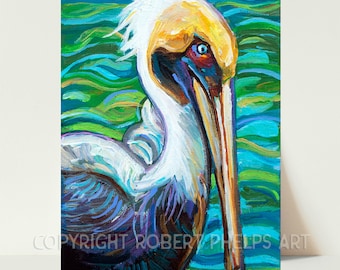 Pintura impresionista de pelícano, arte de aves costeras, regalo para amantes de los pelícanos, arte de pared de pelícanos, decoración del hogar de pelícanos, arte para amantes de la playa, decoración de pared de aguamarina