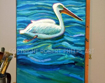 Lienzo de pintura de pelícano, arte original de aves, regalo único de pelícano, decoración de la casa de verano, arte de la pared del pelícano, decoración del hogar del pelícano, pinturas de aves marinas