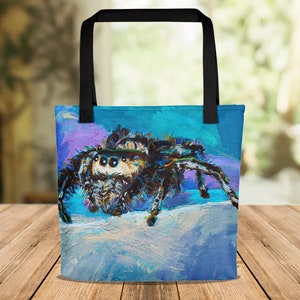 Jumping Spider Tote, Salticidae Spider Bag, Jumping Spider Art, Jumping Spider Gifts, Jumping Spider Painting, Creepy Cute Tote, Spider Bags