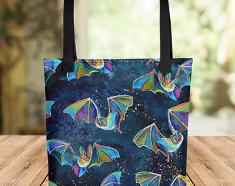 Psychedelic Goth Bats on Black Tote Bag; Vampire approved fun and weird hand painted bats. Great Gift for Goth Girl and Bat Lovers. Tote Bag