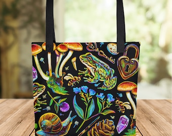 Forest Witch Tote Bag, Frog Mushroom Goblincore Design