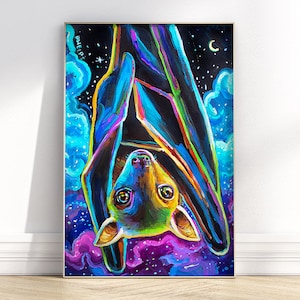 Halloween Decor Bat Poster, Cute Bat Print, Witchy Wall Art, Gothic Home Decor, Bat lover wall art, psychedelic bat art, trippy bat painting