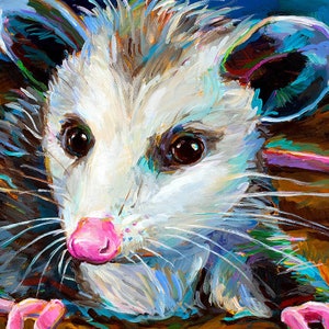 Peut inclure: Peinture rapproch&eacute;e d'un opossum avec un nez rose, une fourrure blanche et des yeux noirs. L'arri&egrave;re-plan est bleu et brun vif.
