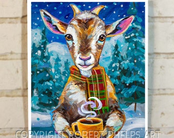 Cozy Winter Goat Art Print, Christmas Farmhouse Decor, Rustic Animal Wall Art, Unique Gift for Goat Lovers, Whimsical Snowy Coffee Painting