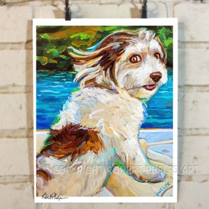 May include: A painting of a white and brown dog with its tongue sticking out. The dog is sitting on a boat with blue water in the background. The dog's fur is blowing in the wind. The painting is done in a colorful, impressionistic style.
