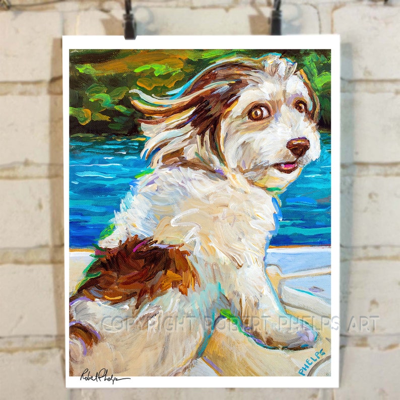 May include: A painting of a white and brown dog with its tongue sticking out. The dog is sitting on a boat with blue water in the background. The dog's fur is blowing in the wind. The painting is done in a colorful, impressionistic style.