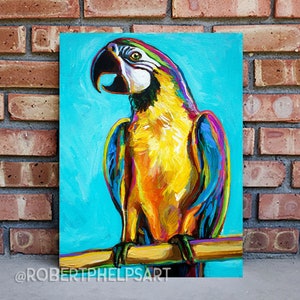 Pintura vibrante de loro guacamayo sobre lienzo, arte de aves original para decoración del hogar tropical, regalo único de arte de pared de loro, retrato de loro pintado a mano